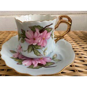 Vintage 80's Lefton Hertiage Coffee/Teacup & Saucer Blue Pink Flowers